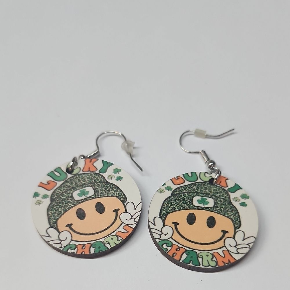 Green Circular Earrings with Smiley Face Design and Colorful Edge Lucky Charm